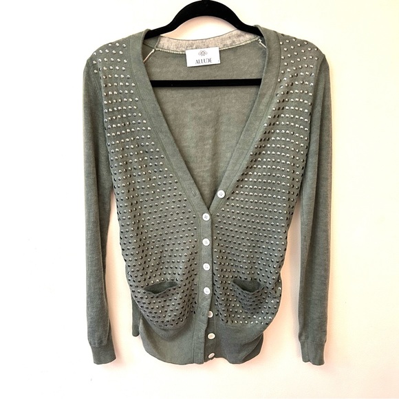 Allude cashmere green V neck cardigan with front studs size large - Picture 1 of 8